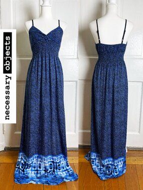 Necessary Objects Maxi Dress | Blue Tie-Dye Border Print | Size Medium | EUC